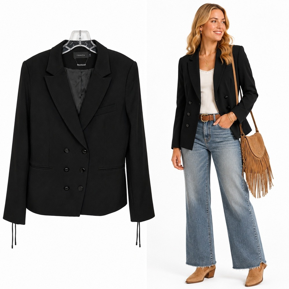 Rosa Chá‎ Blazer Womens 10 Black Double Breasted Lace Up Sleeve Tailored Jacket